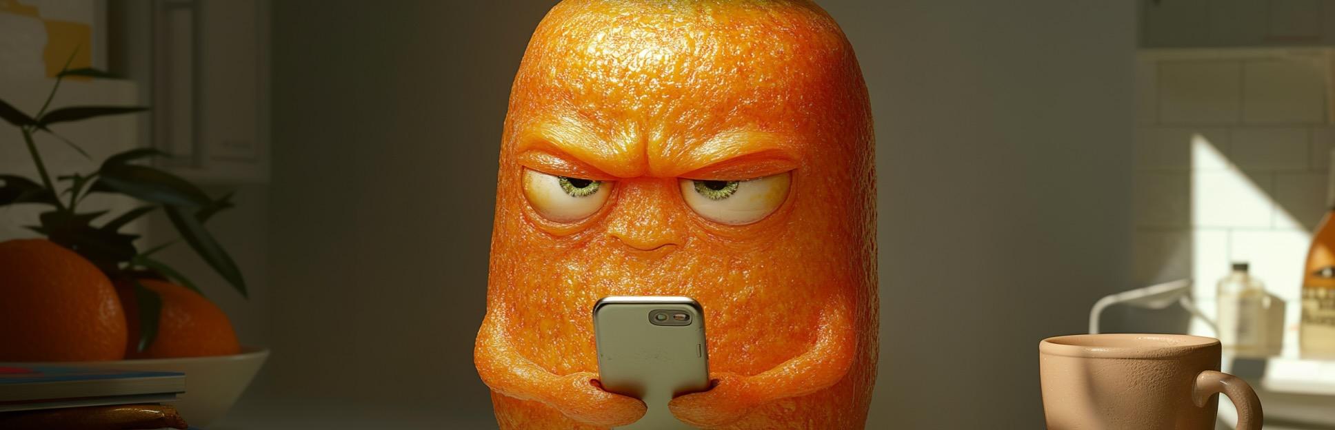 Angry carrot on phone telling you to stop faking your food decisions